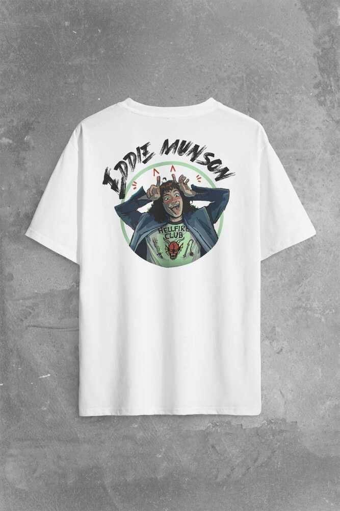 Eddie Munson Stranger Things Sezon 4 Sırt Ön Baskılı Beyaz Oversize Tişört Unisex