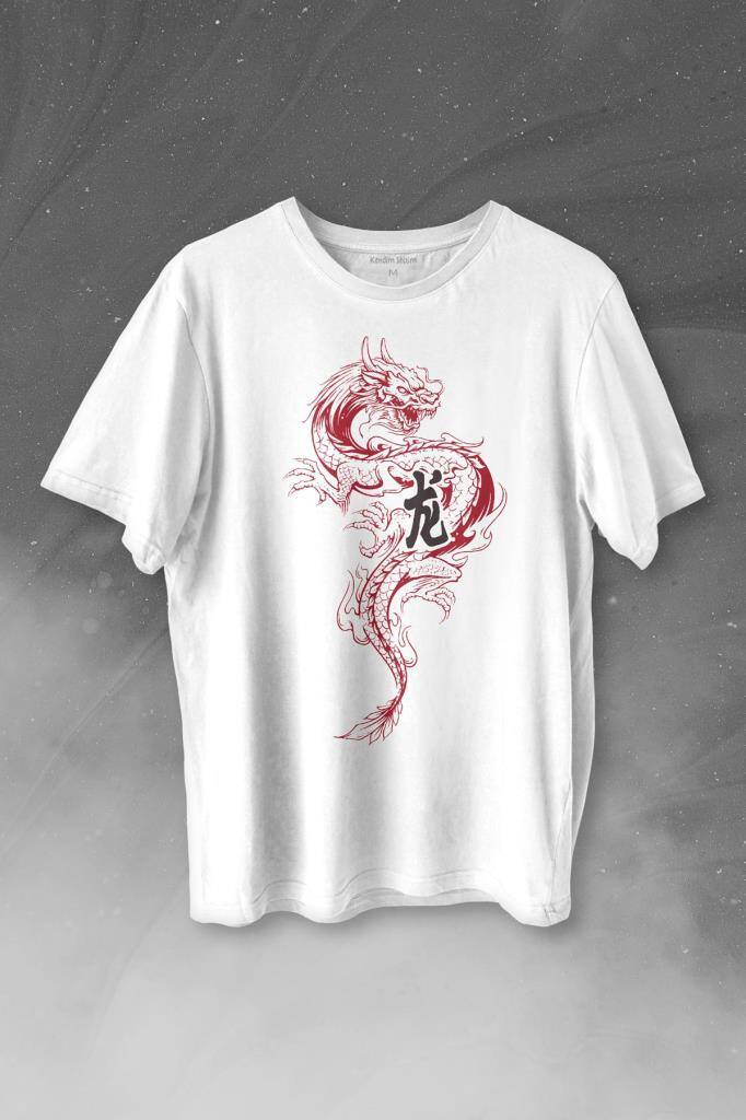 Ejder Dragon Uzak Doğu Japanese Drake Japonca Baskılı Beyaz Tişört Unisex