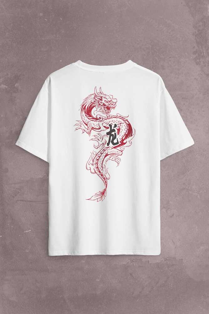 Ejder Dragon Uzak Doğu Japanese Drake Japonca Sırt Ön Baskılı Beyaz Oversize Tişört Unisex