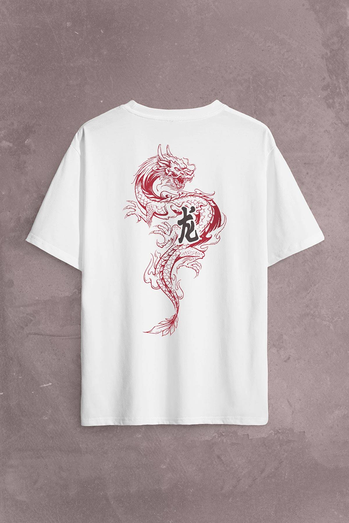 Ejder Dragon Uzak Doğu Japanese Drake Japonca Sırt Ön Baskılı Beyaz Oversize Tişört Unisex