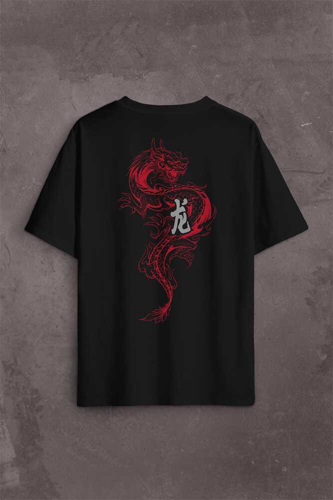 Ejder Dragon Uzak Doğu Japanese Drake Japonca Sırt Ön Baskılı Siyah Oversize Tişört Unisex