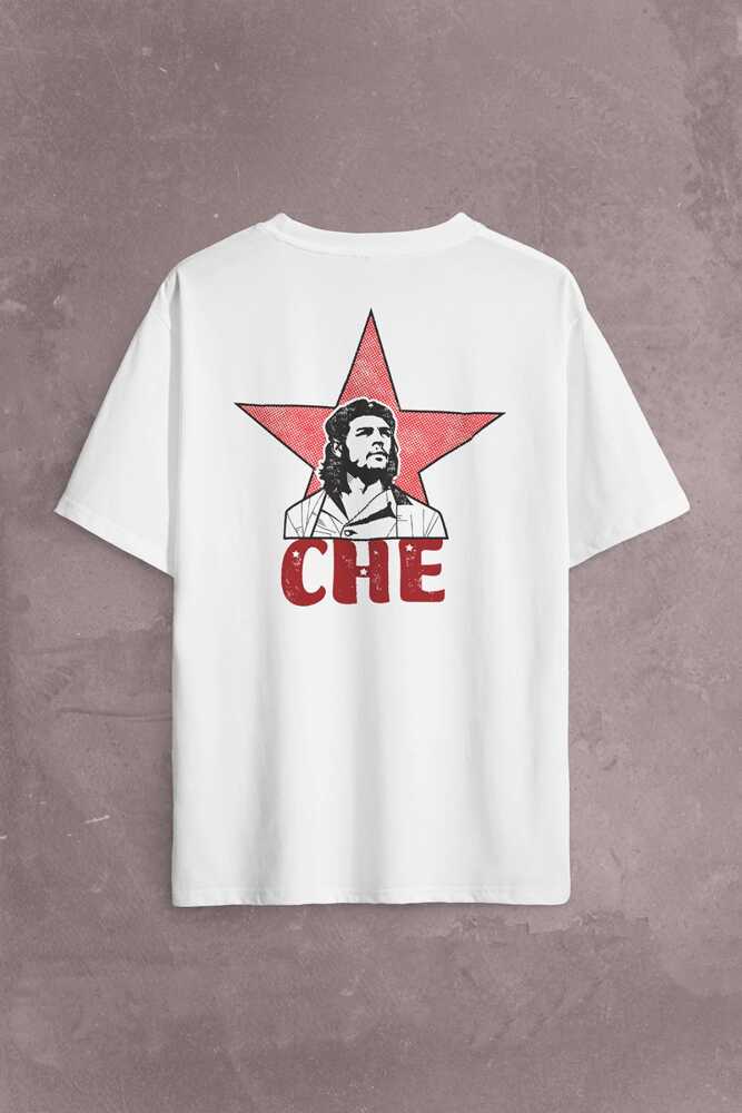 Ernesto Che Guevara Red Star Kırmızı Yıldız Sırt Ön Baskılı Beyaz Oversize Tişört Unisex