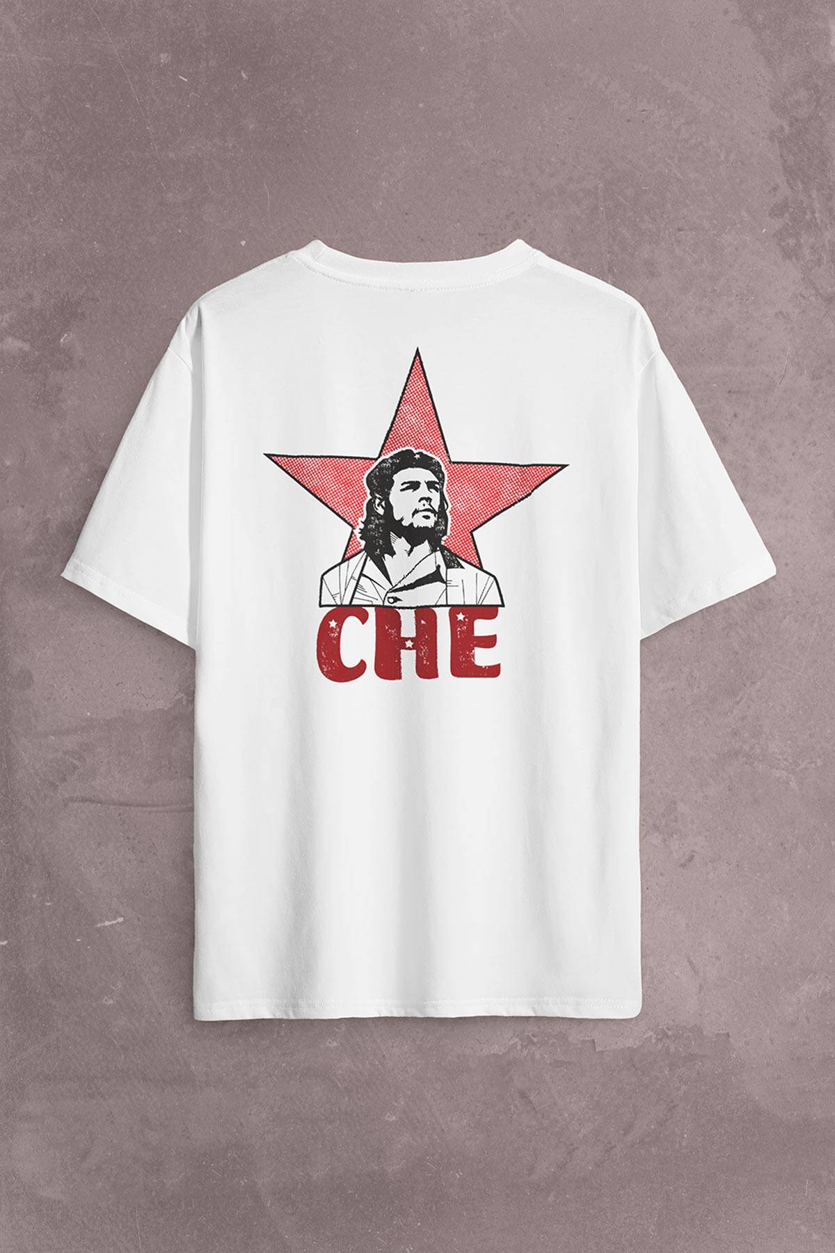 Ernesto Che Guevara Red Star Kırmızı Yıldız Sırt Ön Baskılı Beyaz Oversize Tişört Unisex