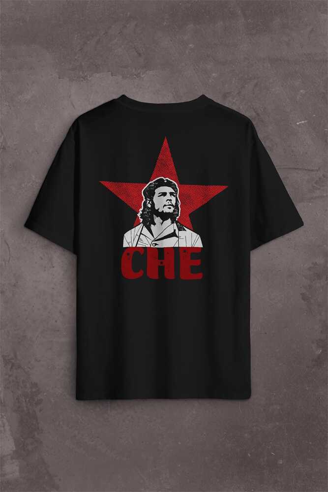 Ernesto Che Guevara Red Star Kırmızı Yıldız Sırt Ön Baskılı Siyah Oversize Tişört Unisex