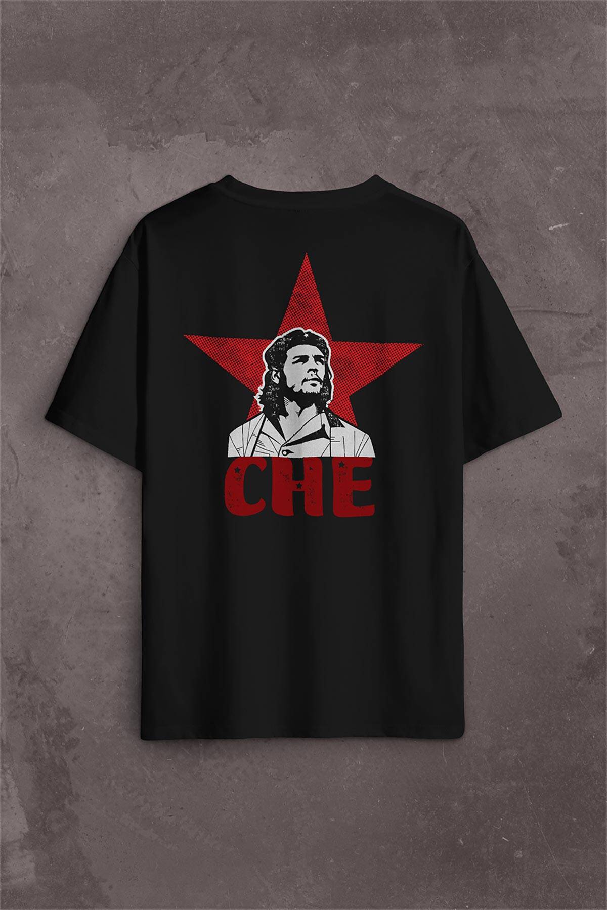 Ernesto Che Guevara Red Star Kırmızı Yıldız Sırt Ön Baskılı Siyah Oversize Tişört Unisex