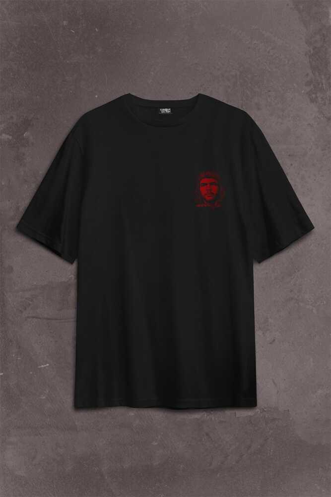 Ernesto Che Guevara Red Star Kırmızı Yıldız Sırt Ön Baskılı Siyah Oversize Tişört Unisex (1)