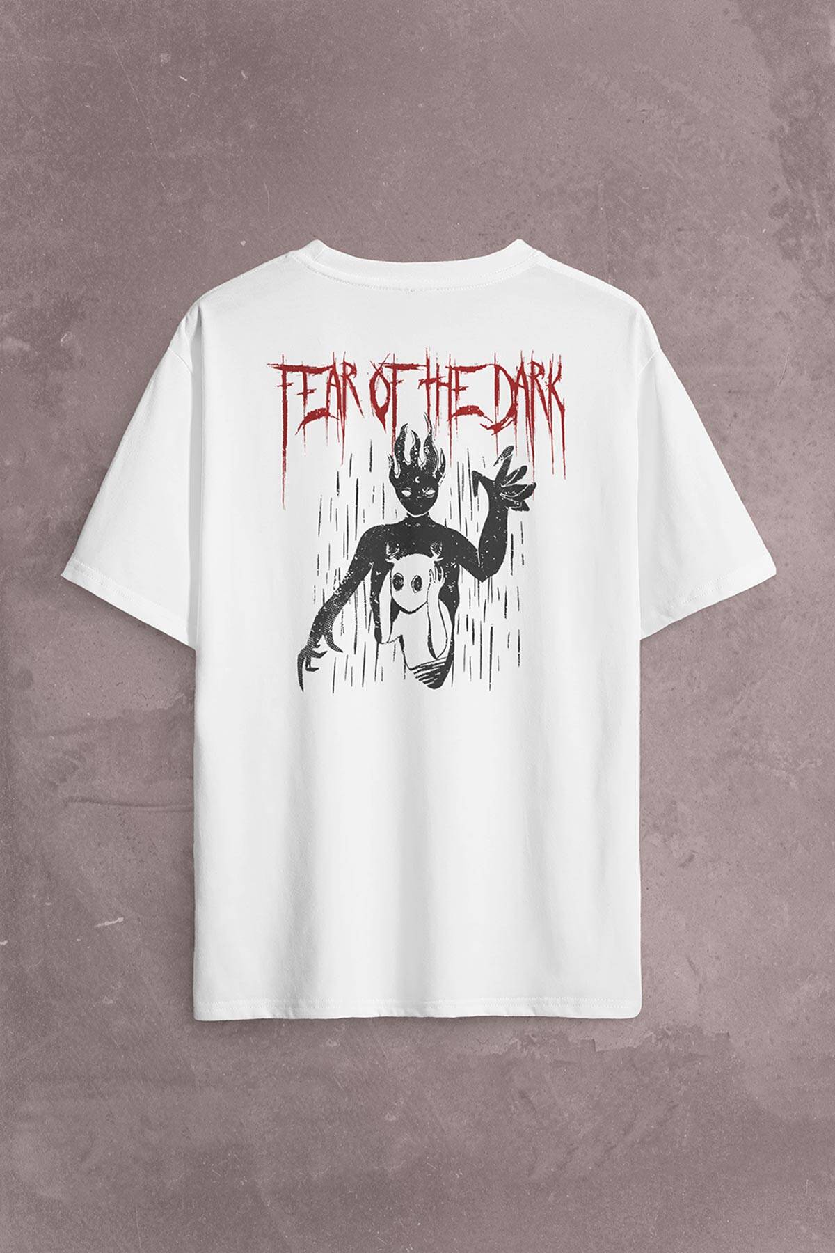 Fear Of The Dark Karanlık Gothic Urban Street Wear Sırt Ön Baskılı Beyaz Oversize Tişört Unisex