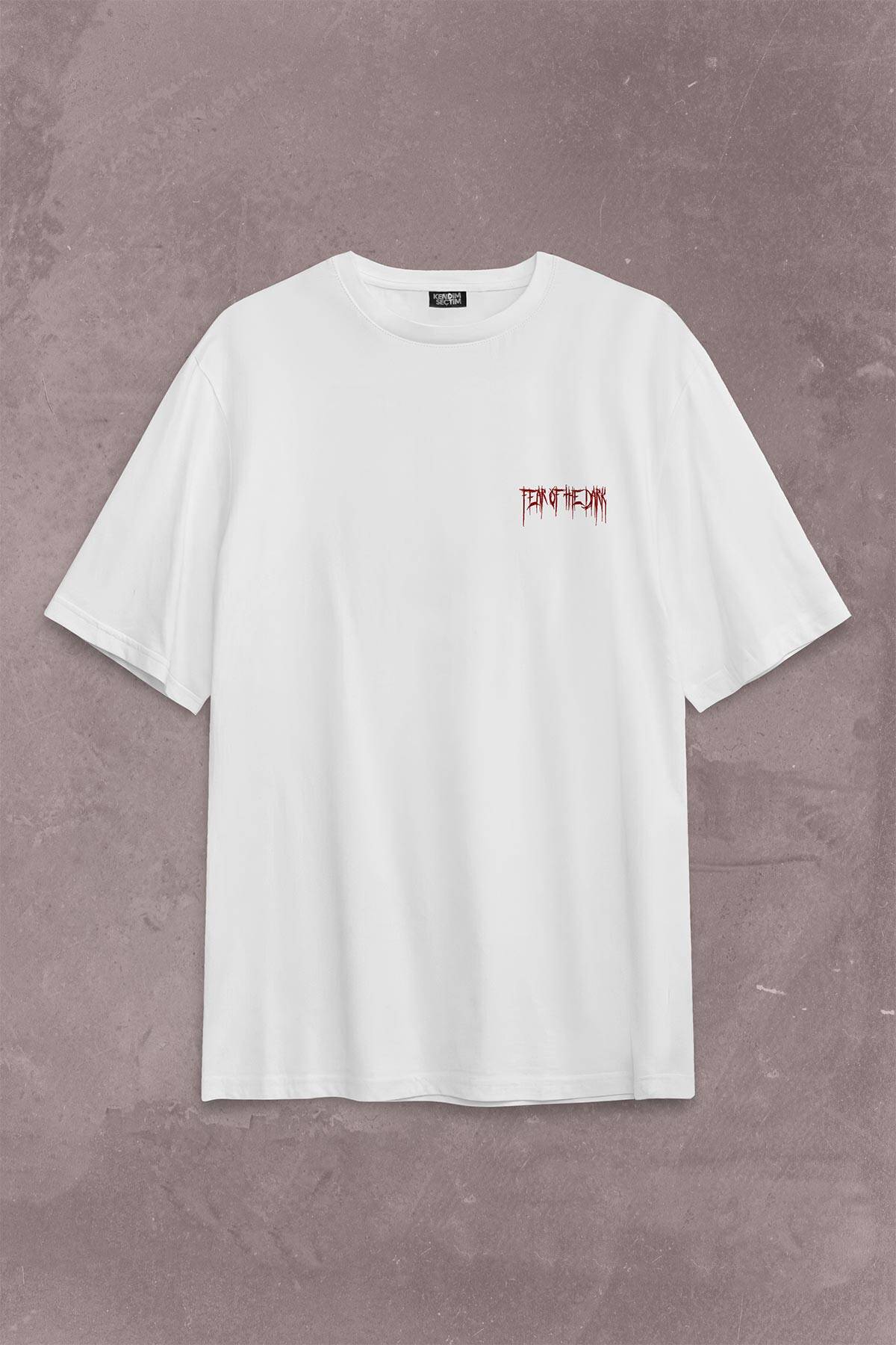 Fear Of The Dark Karanlık Gothic Urban Street Wear Sırt Ön Baskılı Beyaz Oversize Tişört Unisex (1)