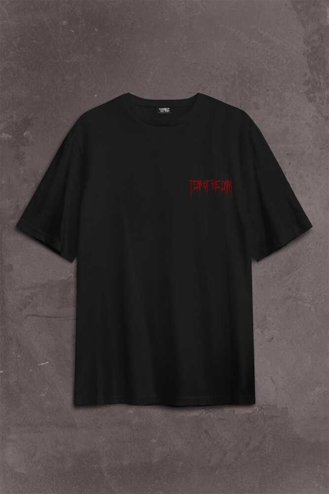 Fear Of The Dark Karanlık Gothic Urban Street Wear Sırt Ön Baskılı Siyah Oversize Tişört Unisex (1)