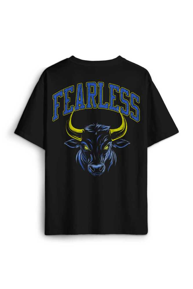 Fearless Boğa Bull 1907 Sarı Lacivert Korkusuz Yazı Baskılı Oversize Siyah Unisex Tişört