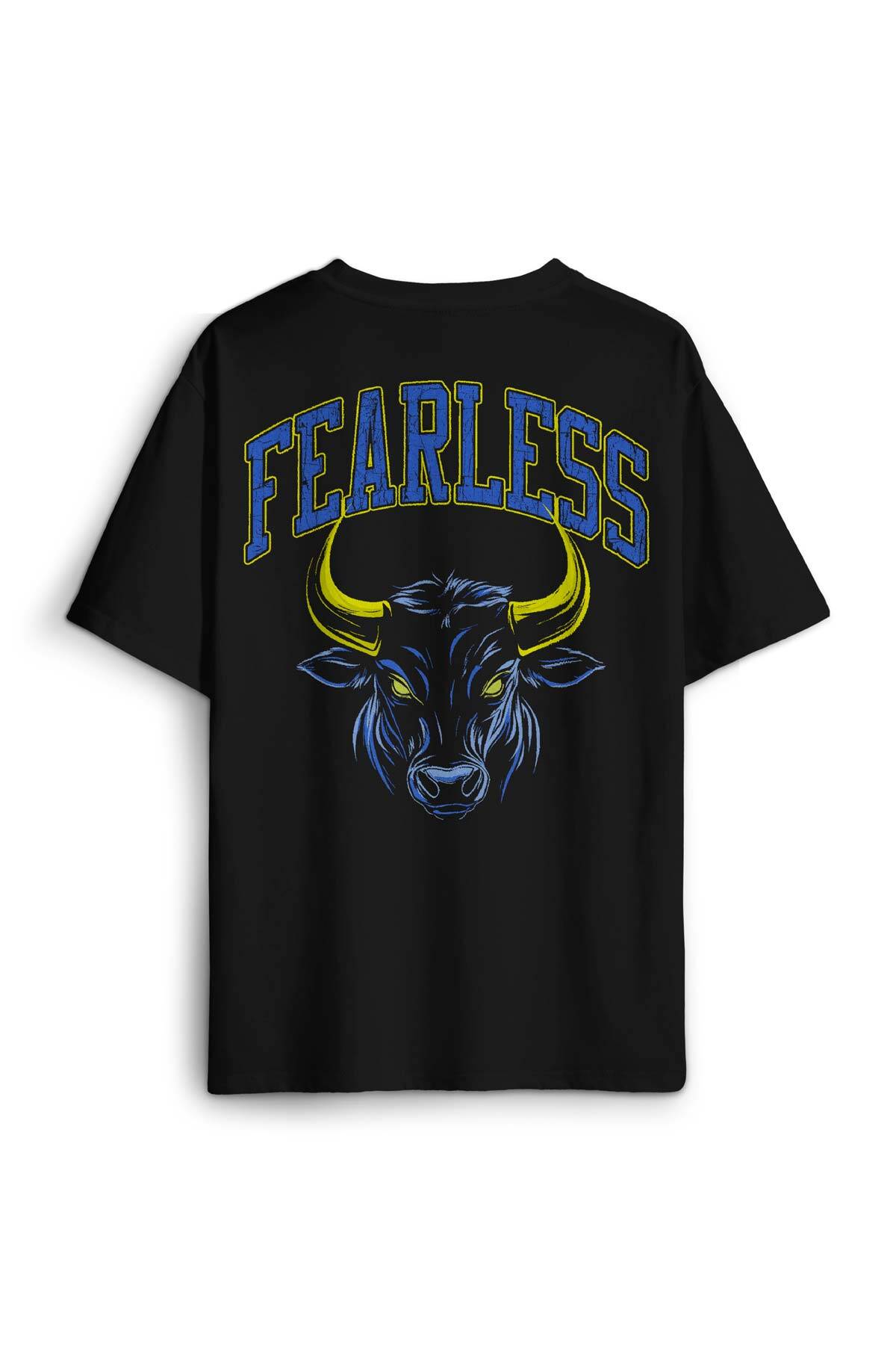 Fearless Boğa Bull 1907 Sarı Lacivert Korkusuz Yazı Baskılı Oversize Siyah Unisex Tişört - 1