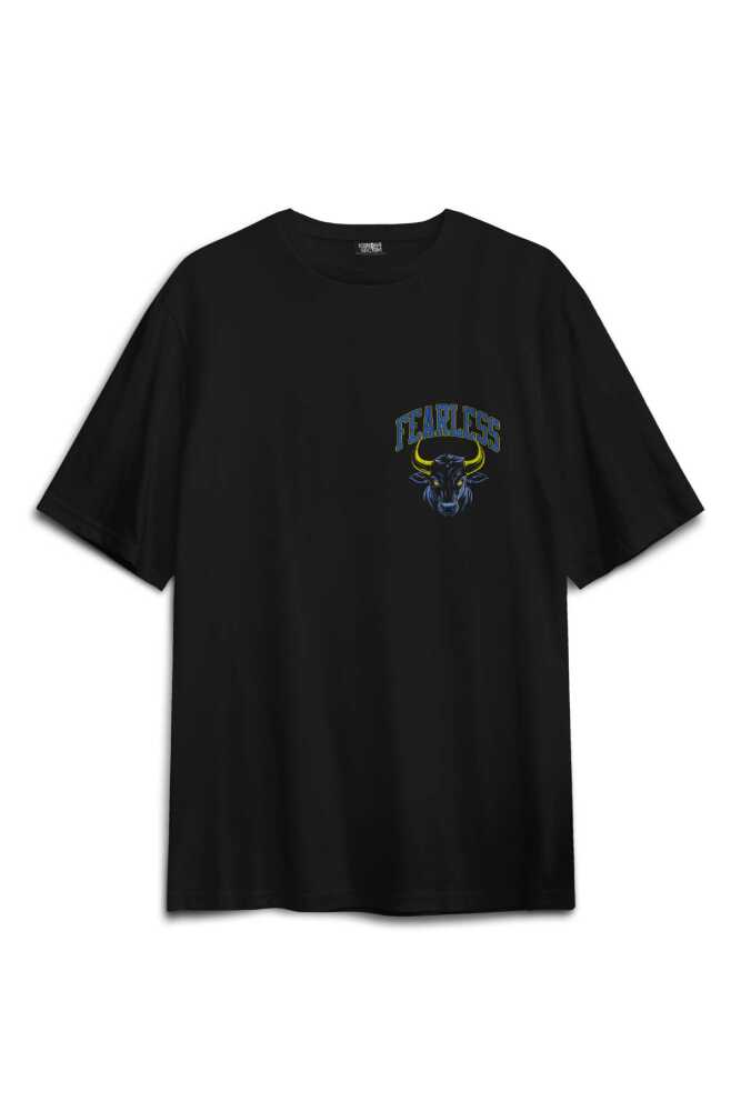 Fearless Boğa Bull 1907 Sarı Lacivert Korkusuz Yazı Baskılı Oversize Siyah Unisex Tişört (1)