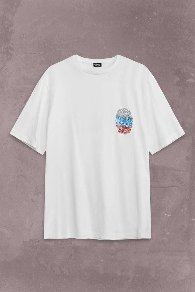 Fransa Bayrağı Damgası Parmak İzi Sırt Ön Baskılı Beyaz Oversize Tişört Unisex (1)