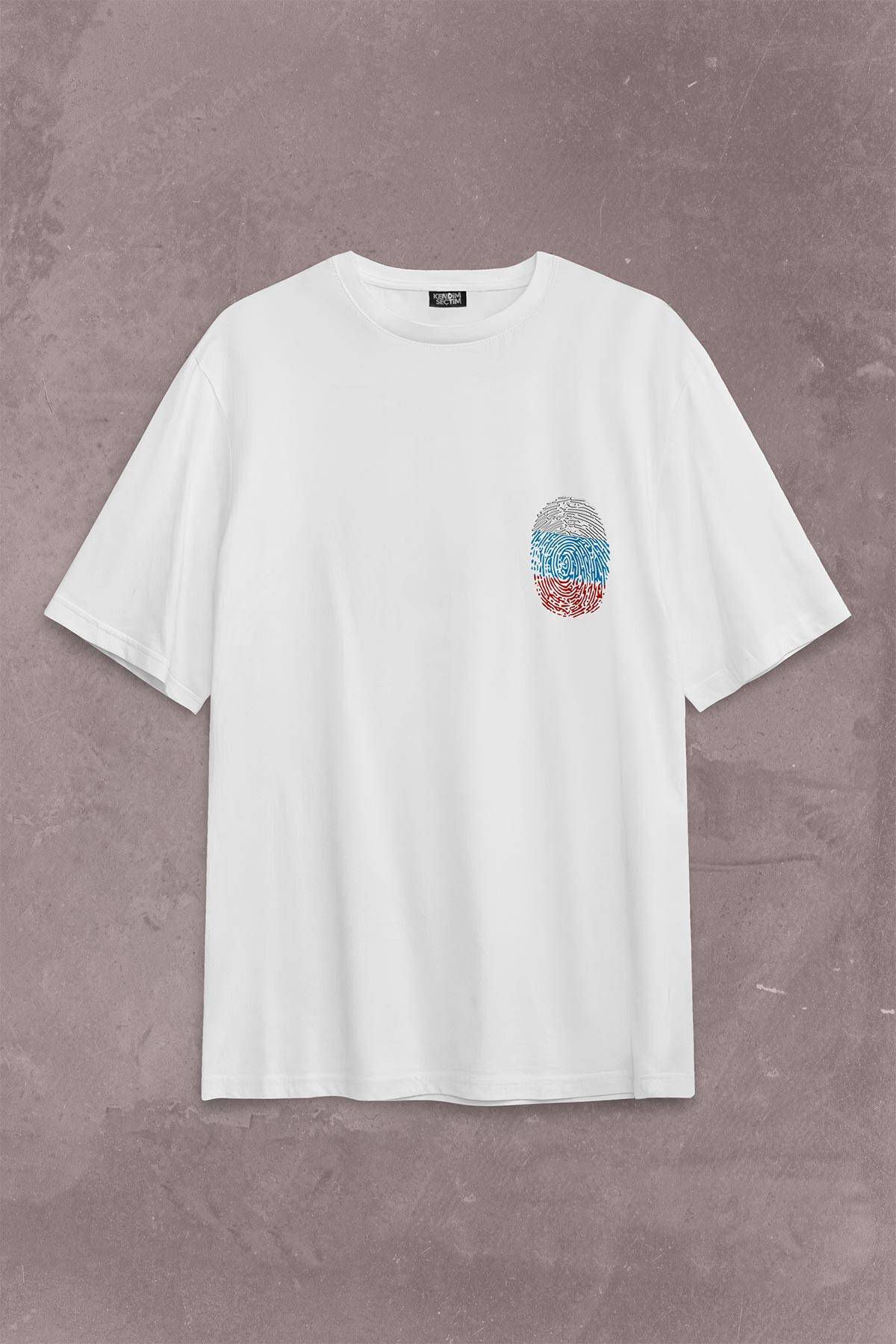 Fransa Bayrağı Damgası Parmak İzi Sırt Ön Baskılı Beyaz Oversize Tişört Unisex (1)