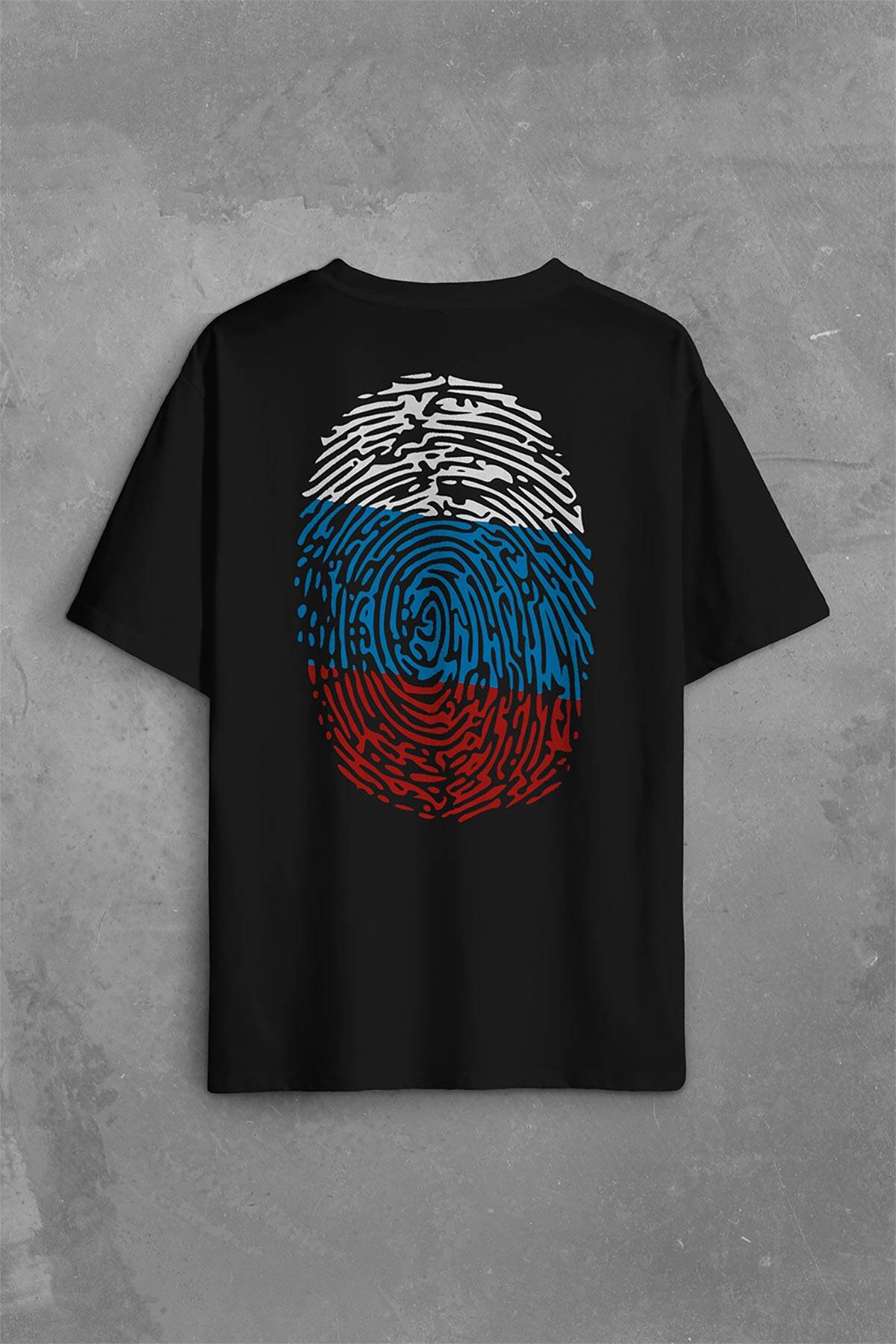 Fransa Bayrağı Damgası Parmak İzi Sırt Ön Baskılı Siyah Oversize Tişört Unisex
