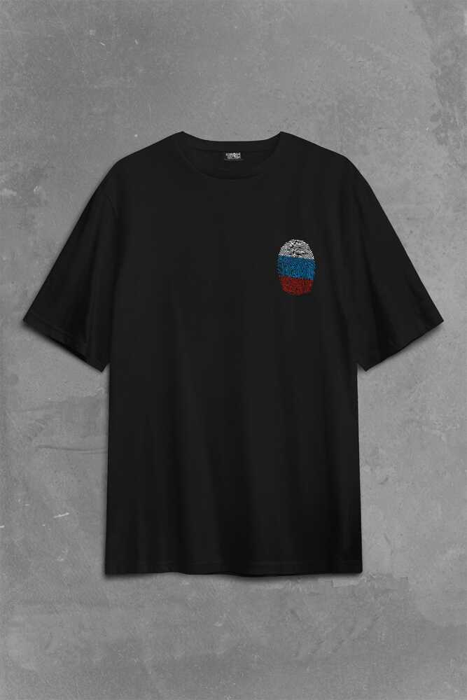 Fransa Bayrağı Damgası Parmak İzi Sırt Ön Baskılı Siyah Oversize Tişört Unisex (1)