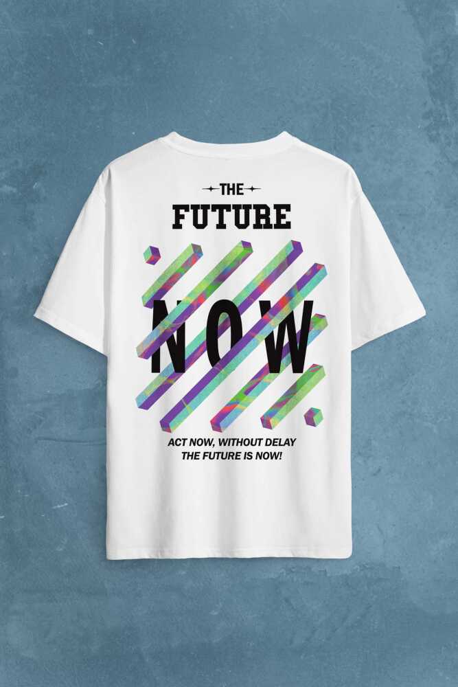 Future Is Now Colorful Gelecek Şimdi Renkli Desen Yazı Sırt Baskılı Oversize Tişört Unisex - 1