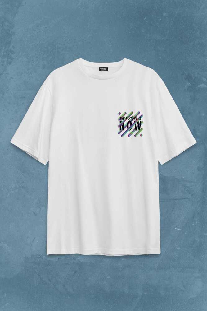 Future Is Now Colorful Gelecek Şimdi Renkli Desen Yazı Sırt Baskılı Oversize Tişört Unisex - 2