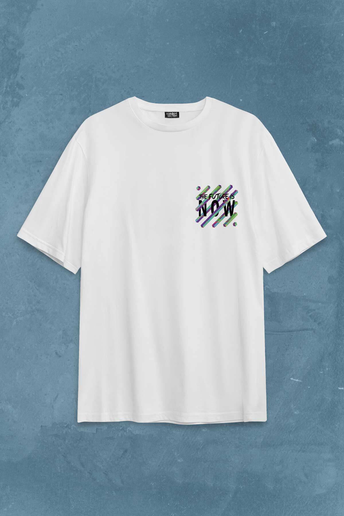 Future Is Now Colorful Gelecek Şimdi Renkli Desen Yazı Sırt Baskılı Oversize Tişört Unisex (1)