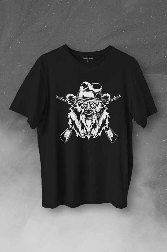 Gangster Style Bear Smoke Gun Tüfekli Ayı Baskılı Siyah Tişört Unisex