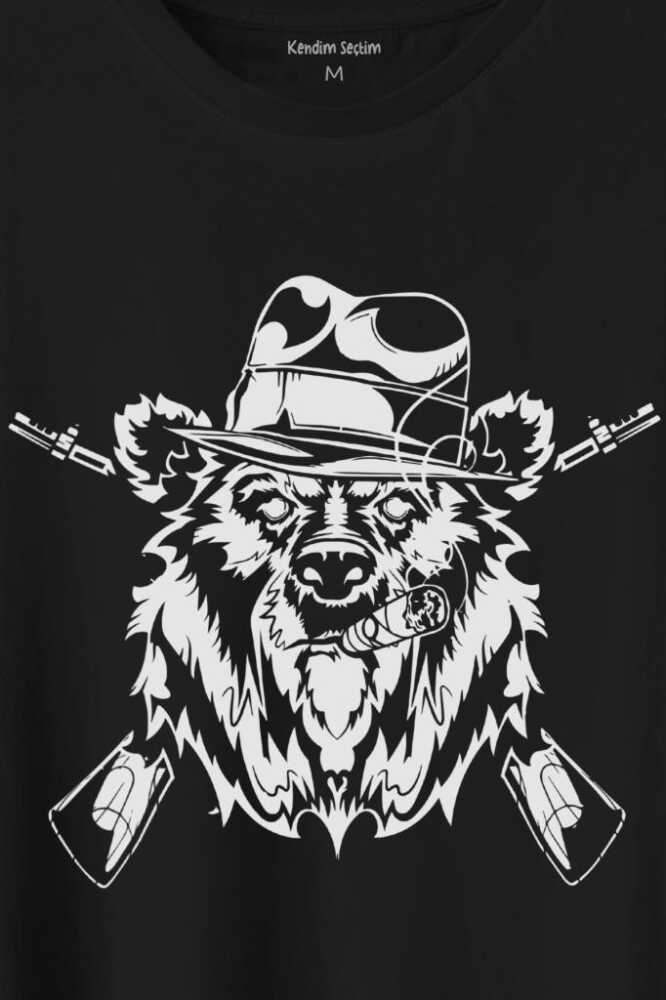 Gangster Style Bear Smoke Gun Tüfekli Ayı Baskılı Siyah Tişört Unisex (1)