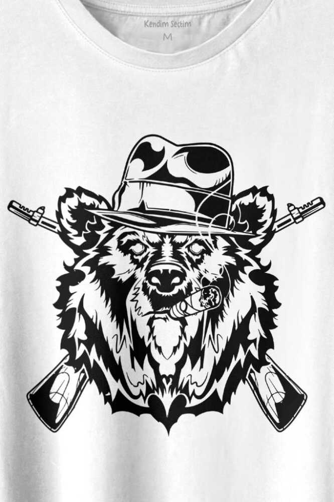 Gangster Style Bear Smoke Gun Tüfekli Ayı Baskılı Beyaz Tişört Unisex (1)