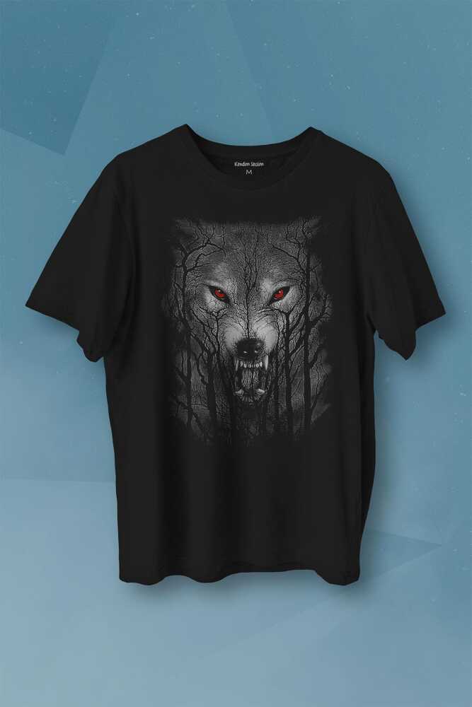 Gece Vahşi Ormanda Bozkurt Bordo Mavi Gözlü Kurt Wolf Gri Baskılı Tişört Unisex