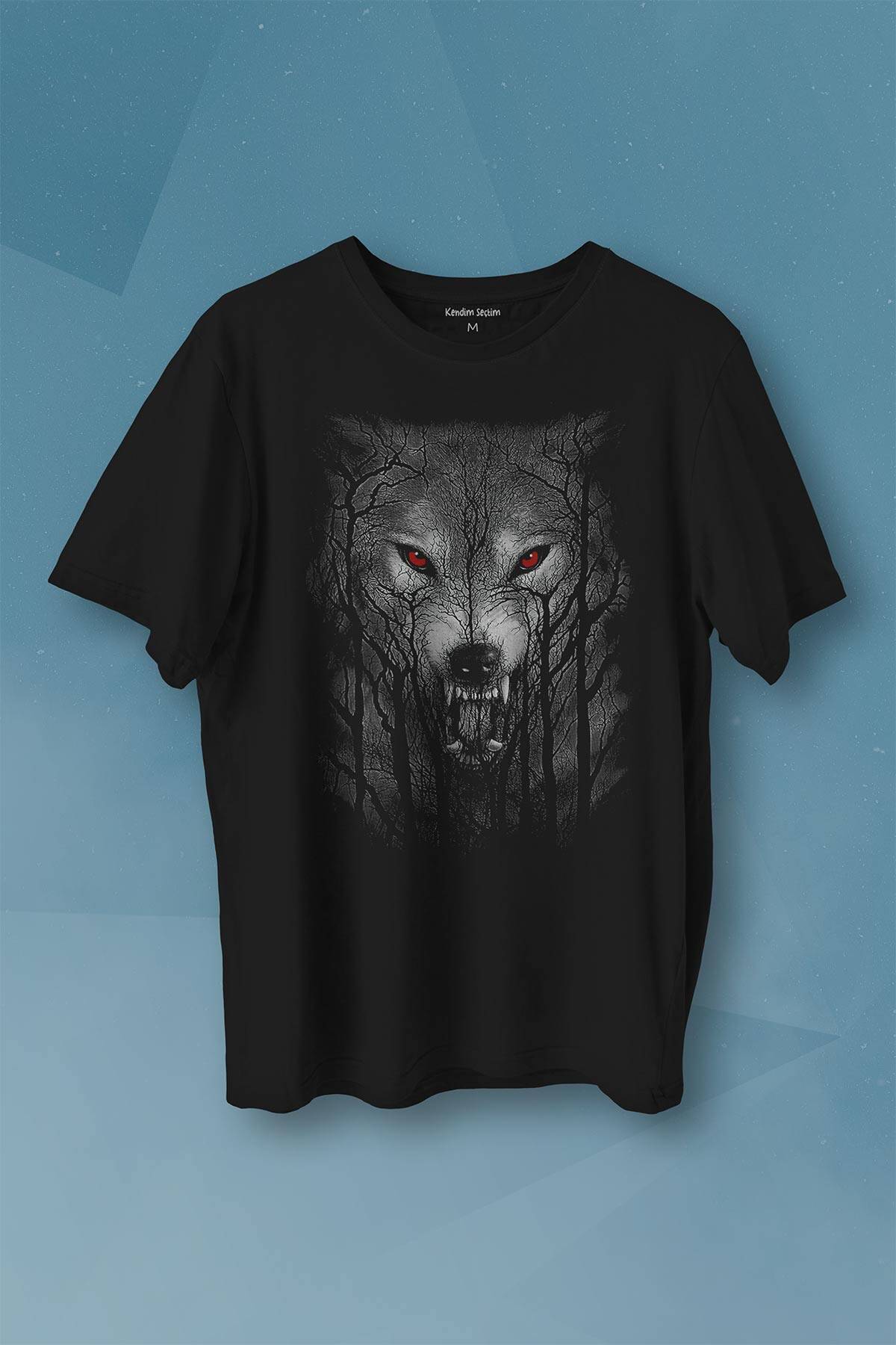 Gece Vahşi Ormanda Bozkurt Bordo Mavi Gözlü Kurt Wolf Gri Baskılı Tişört Unisex