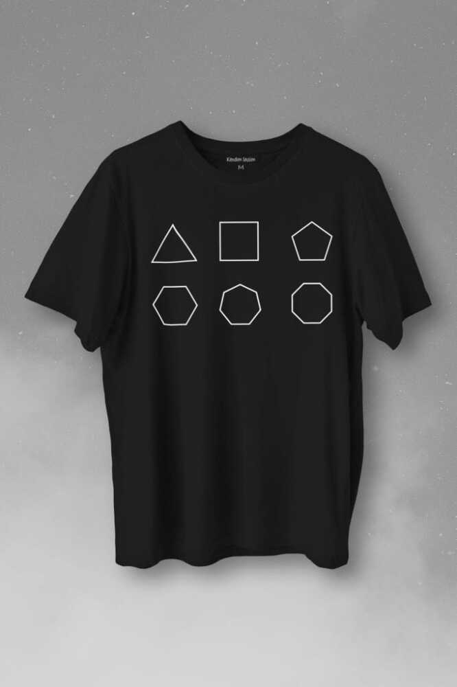 Geometri Çokgenler Üçgen Beşgen Altıgen Sekizgen Baskılı Siyah Tişört Unisex