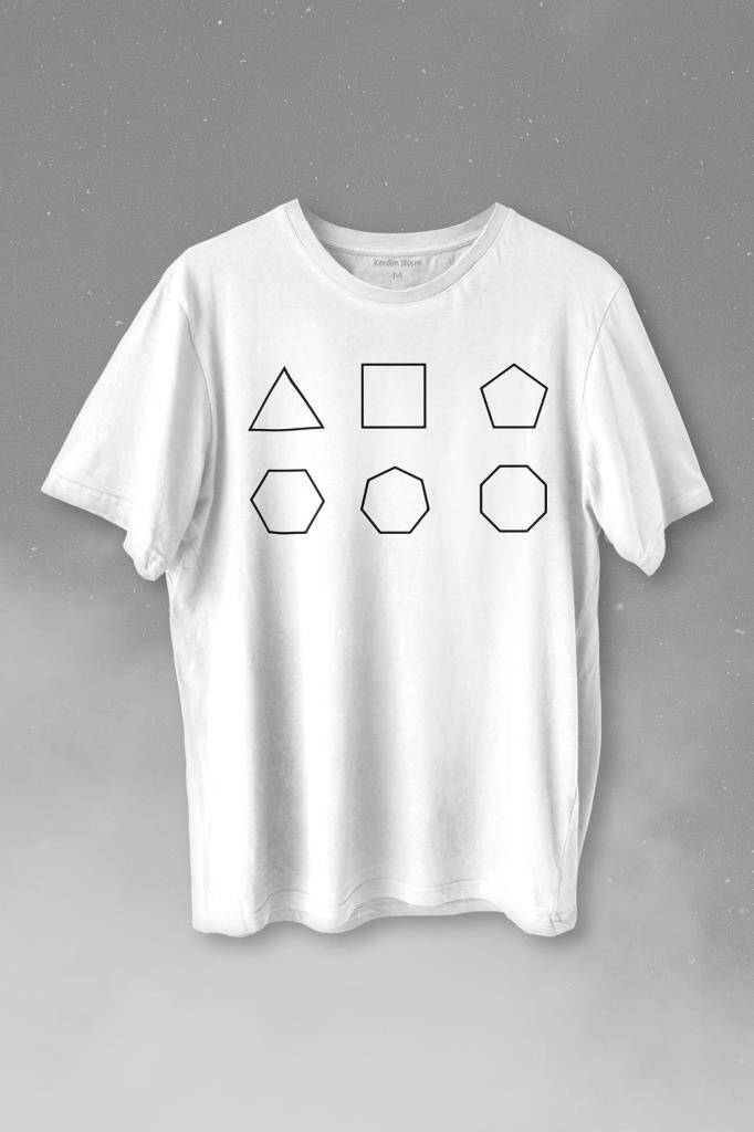 Geometri Çokgenler Üçgen Beşgen Altıgen Sekizgen Baskılı Beyaz Tişört Unisex