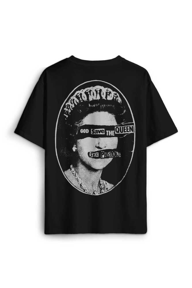 God Save The Queen Sex Pistols Elizabeth Sırt Ön Baskılı Oversize Siyah Unisex Tişört - 2