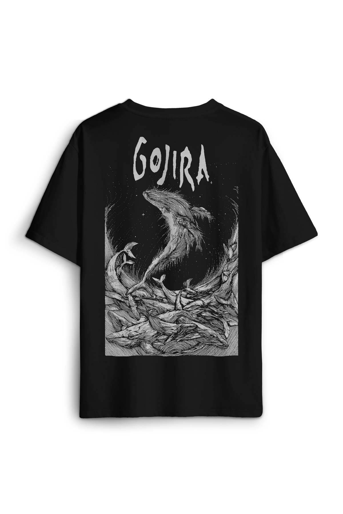Gojira Balıklar Metal Music Rock Guitar Sırt Ön Baskılı Oversize Tişört Unisex T-Shirt