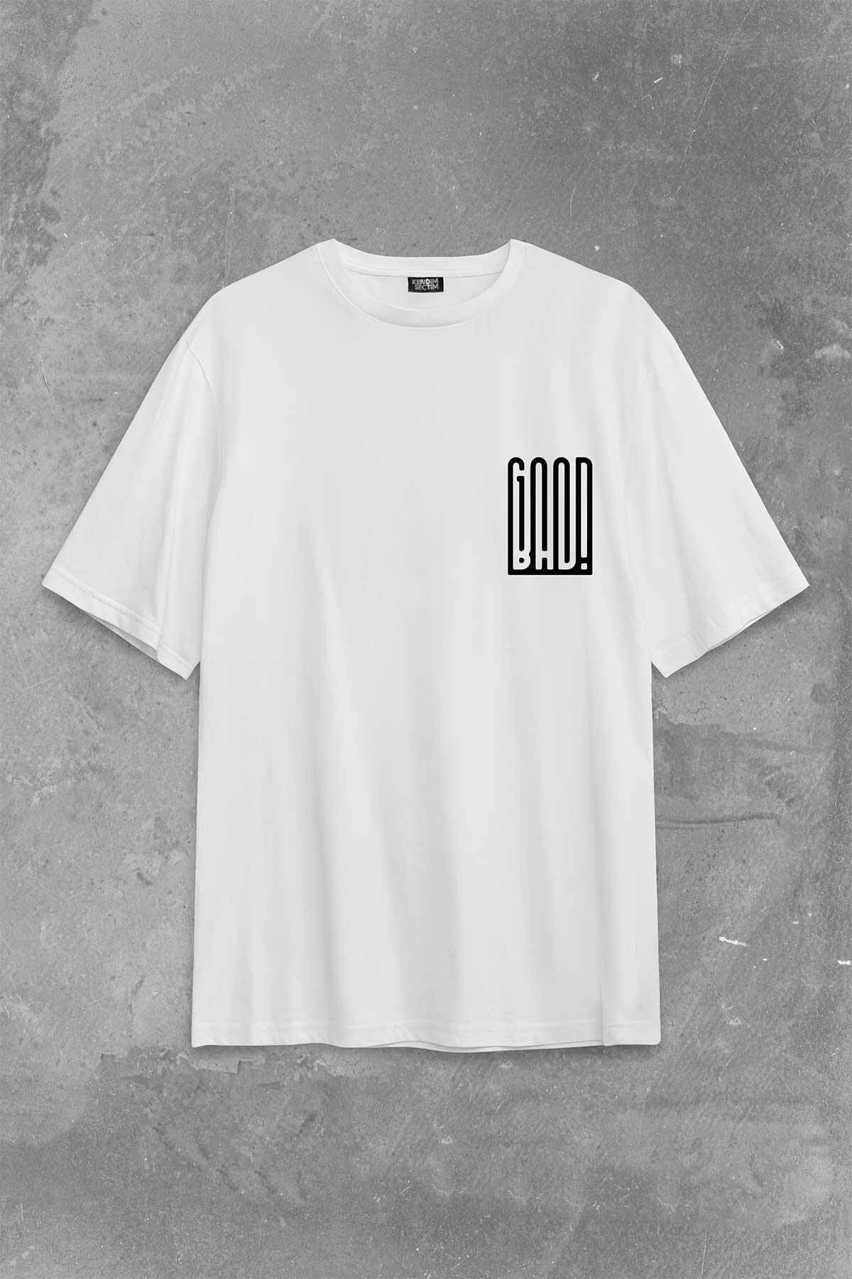 Good Bad Yazı Tipografi İyi Kötü Sırt Ön Baskılı Beyaz Oversize Tişört Unisex (1)