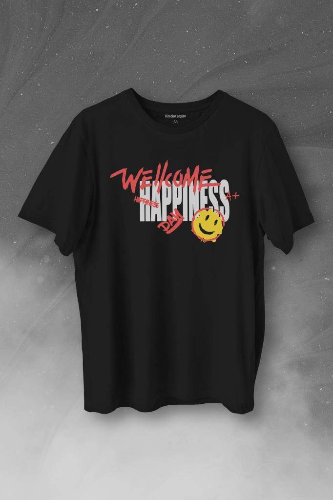 Good Vibe Happiness Mutlu Smile Eğlenceli Baskılı Siyah Tişört Unisex