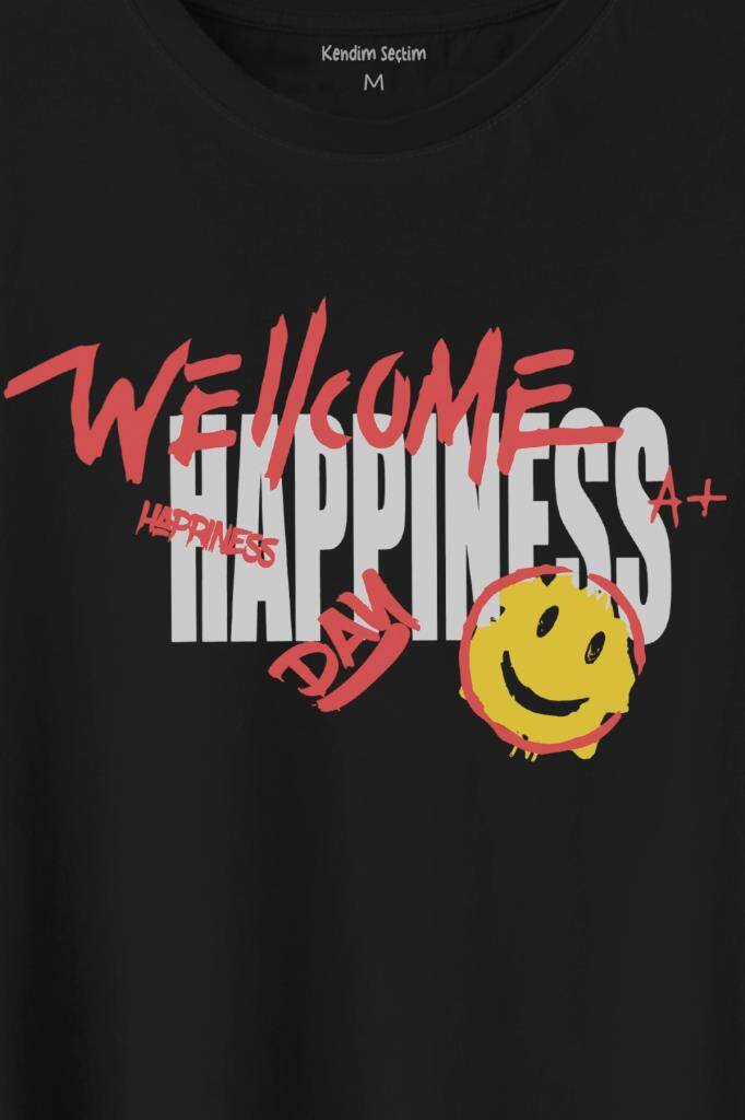 Good Vibe Happiness Mutlu Smile Eğlenceli Baskılı Siyah Tişört Unisex (1)
