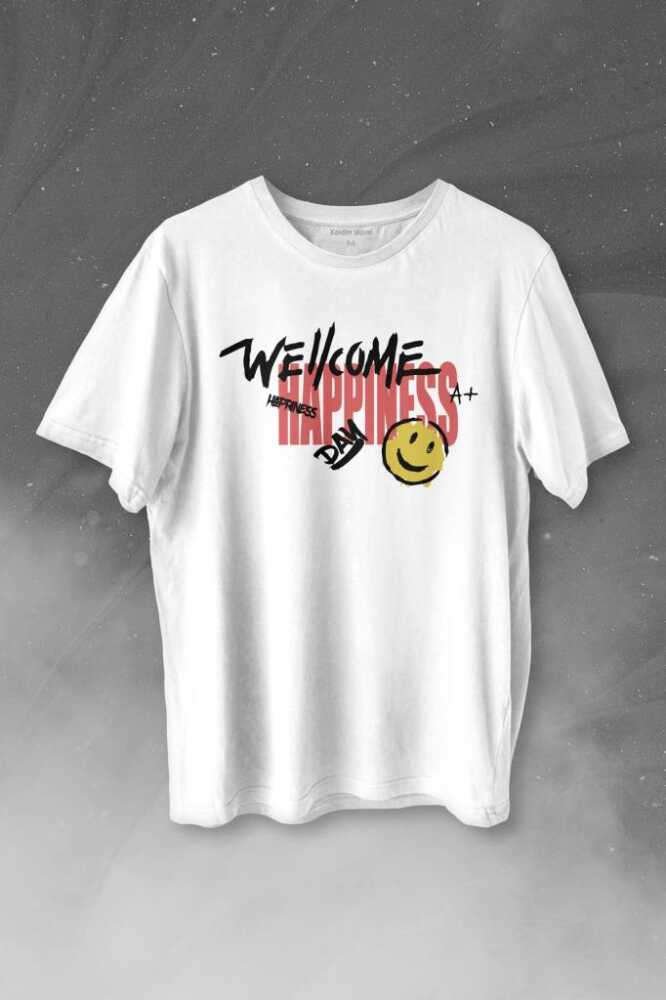 Good Vibe Happiness Mutlu Smile Eğlenceli Baskılı Beyaz Tişört Unisex