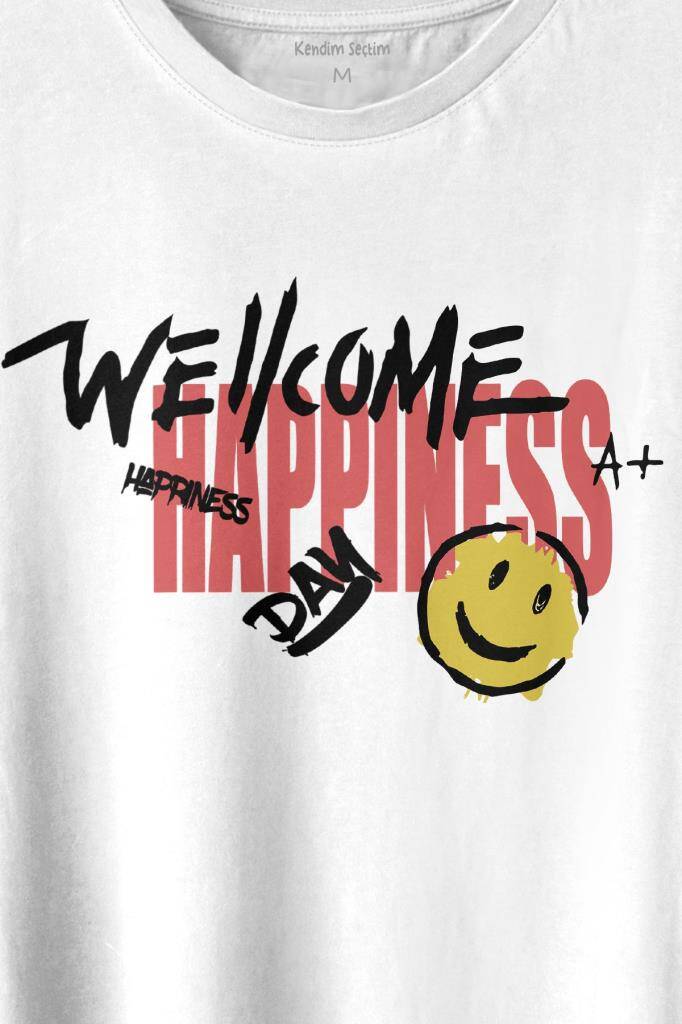 Good Vibe Happiness Mutlu Smile Eğlenceli Baskılı Beyaz Tişört Unisex (1)