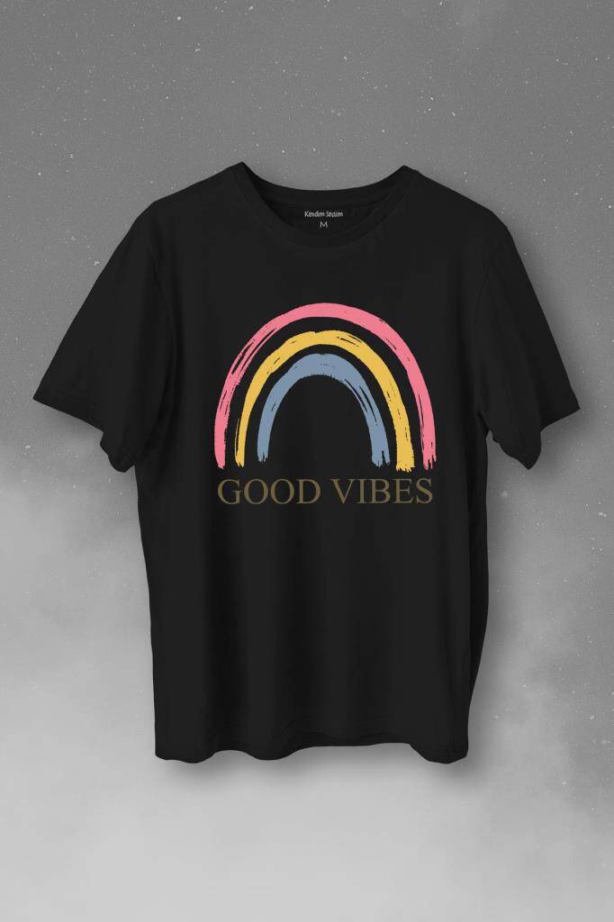 Good Vibes Pastel Gökkuşağı Rainbow Cinsiyet Eşitlik Özgürlüğü Baskılı Siyah Tişört Unisex
