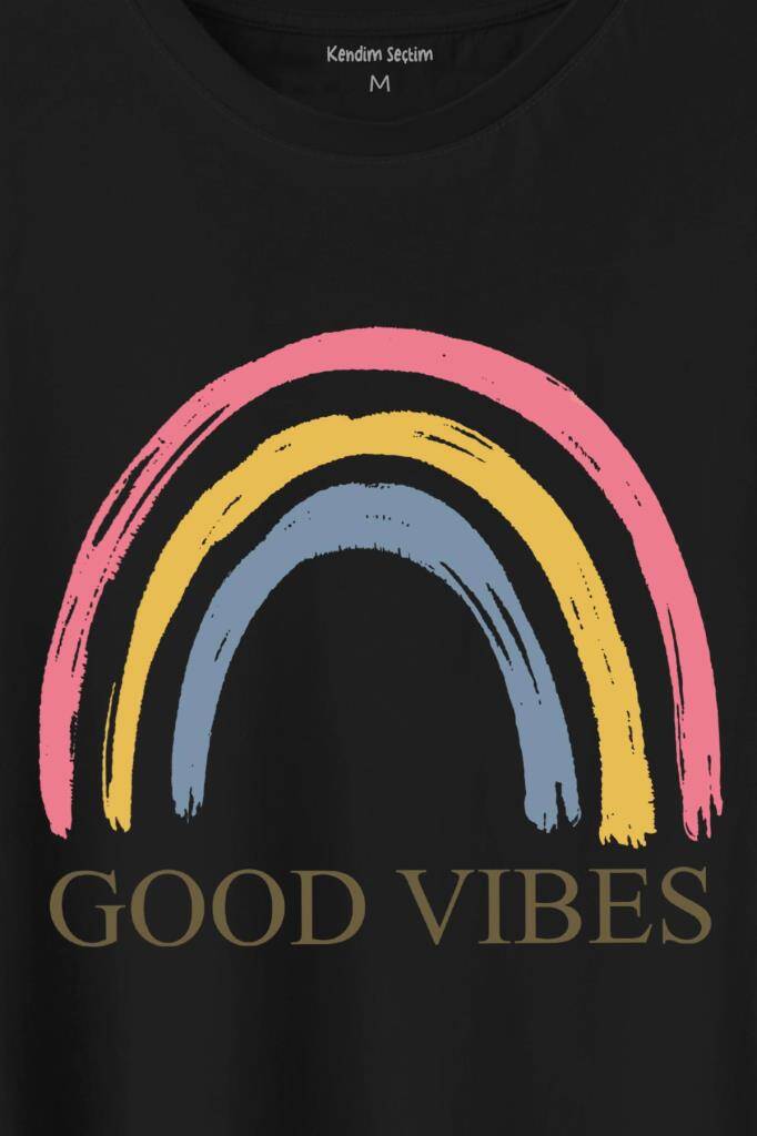 Good Vibes Pastel Gökkuşağı Rainbow Cinsiyet Eşitlik Özgürlüğü Baskılı Siyah Tişört Unisex (1)