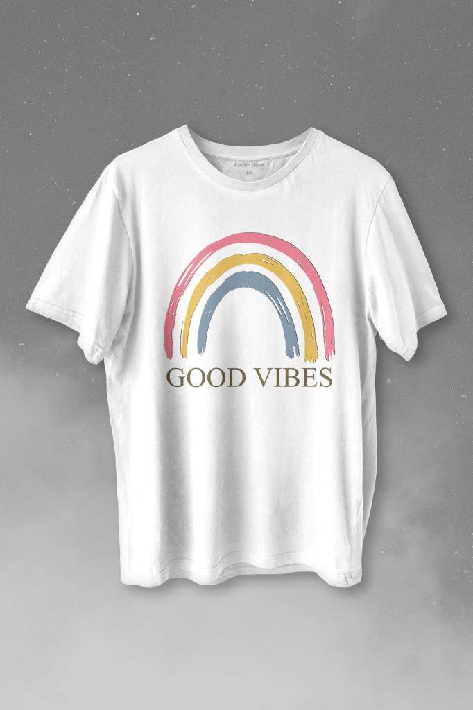 Good Vibes Pastel Gökkuşağı Rainbow Cinsiyet Eşitlik Özgürlüğü Baskılı Beyaz Tişört Unisex