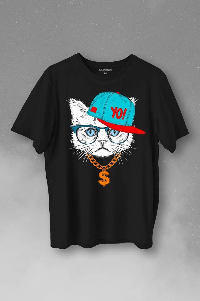 Gözlüklü Kedi Cat Glasses Yo Momy Dolar Baskılı Siyah Tişört Unisex