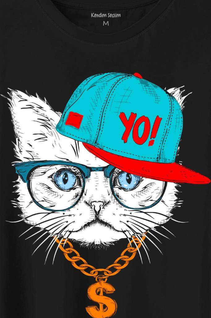 Gözlüklü Kedi Cat Glasses Yo Momy Dolar Baskılı Siyah Tişört Unisex (1)