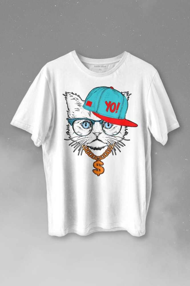 Gözlüklü Kedi Cat Glasses Yo Momy Dolar Baskılı Beyaz Tişört Unisex