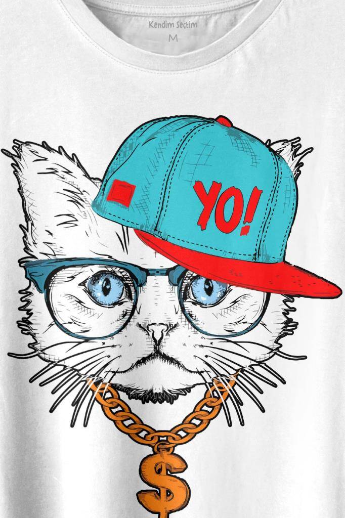 Gözlüklü Kedi Cat Glasses Yo Momy Dolar Baskılı Beyaz Tişört Unisex (1)
