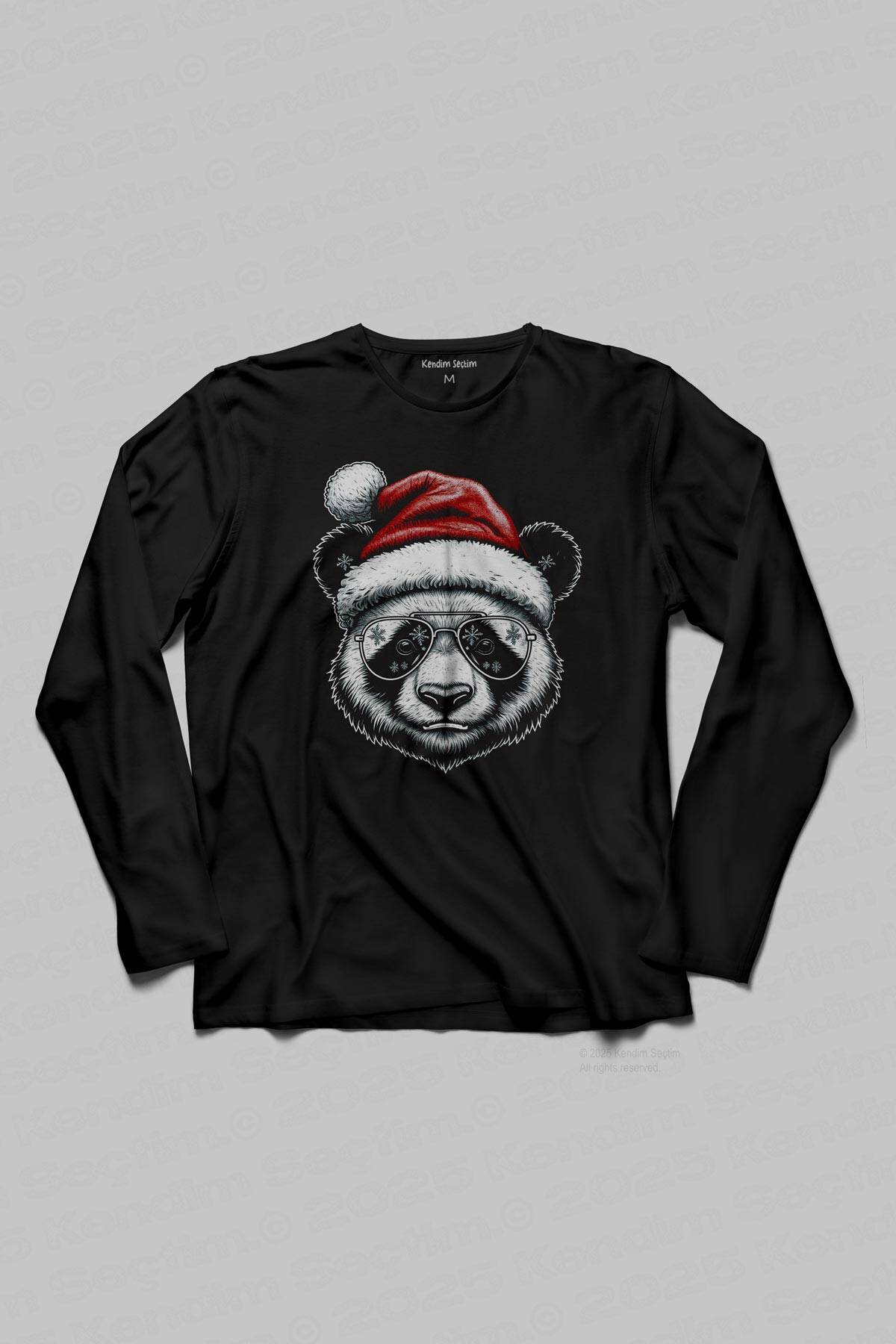 Gözlüklü Panda Noel Şapkalı Komik Yılbaşı Christmas Siyah Unisex Uzun Kollu Tişört - 1