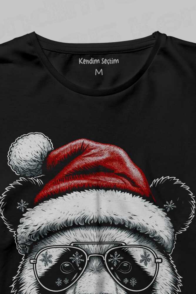 Gözlüklü Panda Noel Şapkalı Komik Yılbaşı Christmas Siyah Unisex Uzun Kollu Tişört (1)