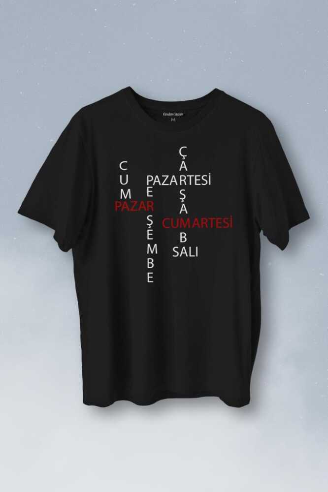 Günler Minimal Yazılı Baskılı Siyah Tişört Unisex