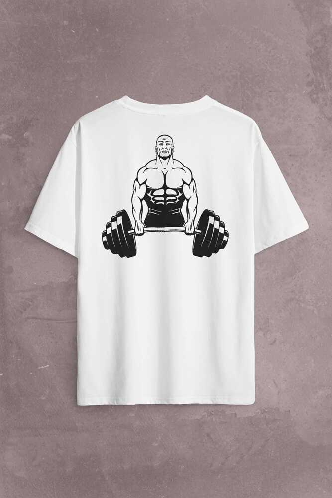 Gym Fitness Halter Sporcu Vücut Bodybulding Sırt Ön Baskılı Oversize Tişört Unisex T-Shirt (1)