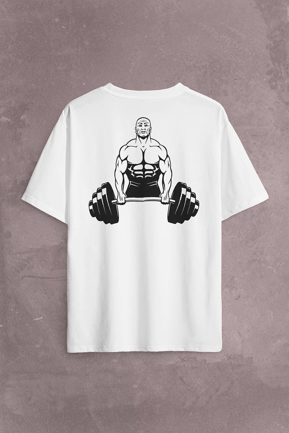 Gym Fitness Halter Sporcu Vücut Bodybuilding Sırt Ön Baskılı Beyaz Oversize Tişört Unisex (1)