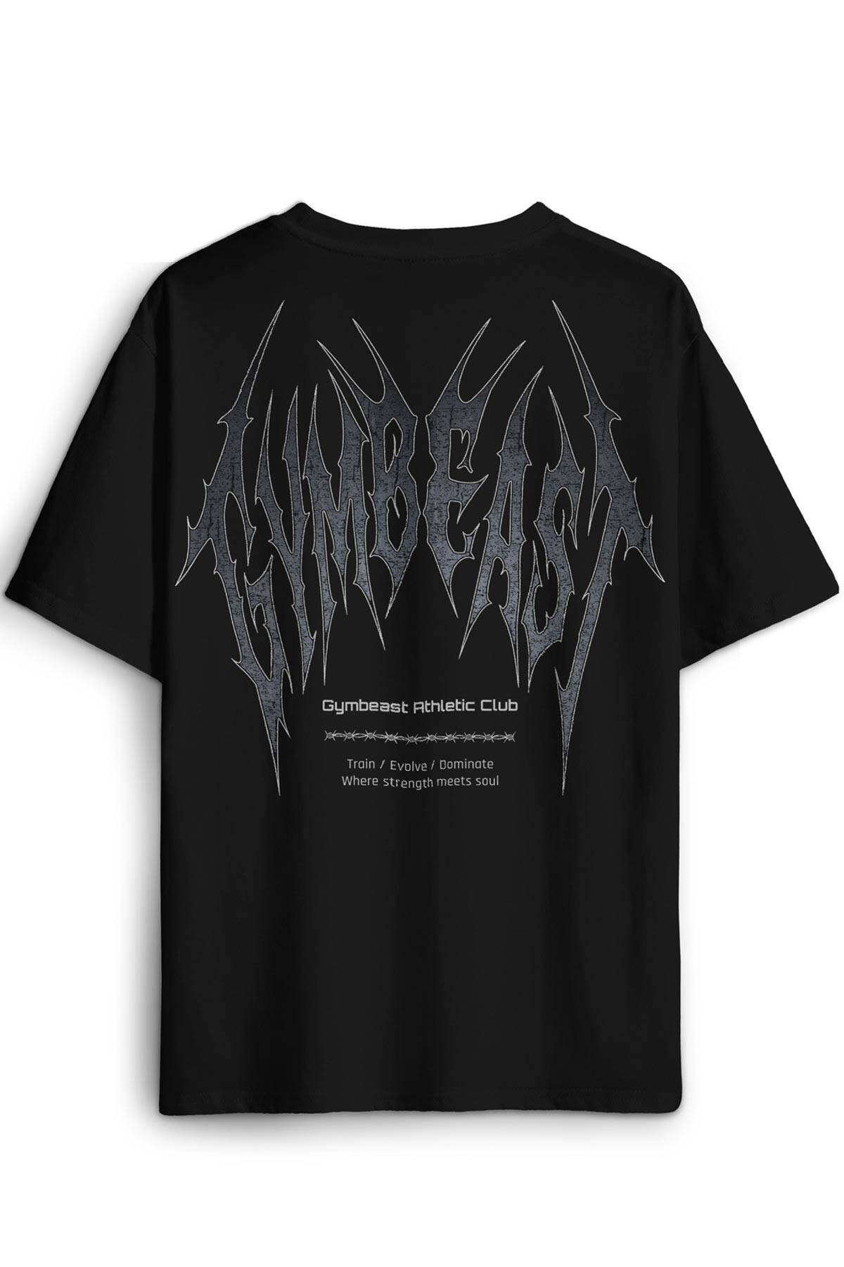 Gym Gothic Typo GymBeast Spor Fitness Beast Gotik Yazı Baskılı Siyah Oversize Tişört